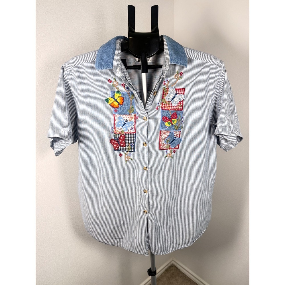 Casey & Max Retro Avant-garde Pinstripe‎ Butterfly Embroidered Vintage Shirt